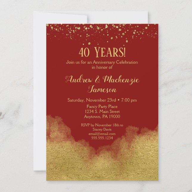 Red Gold Confetti Anniversary Invitation Ruby 40th (Front)