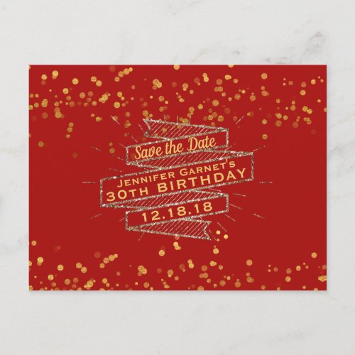 Red Gold Confetti Birthday Save the Date Announcement Postcard