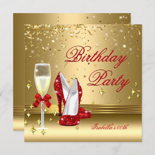 Red Gold Confetti Champagne Heels Birthday Party 2 Invitation