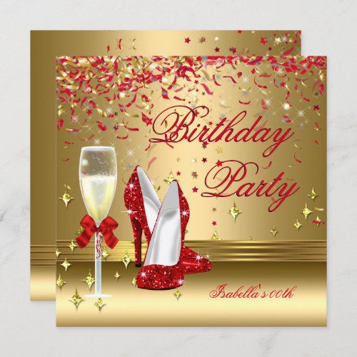 Red Gold Confetti Champagne Heels Birthday Party Invitation