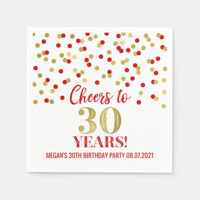 Red Gold Confetti Cheers to 30 Years Birthday Napkins (Front)
