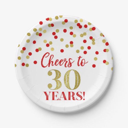 Red Gold Confetti Cheers to 30 Years Birthday Paper Plates