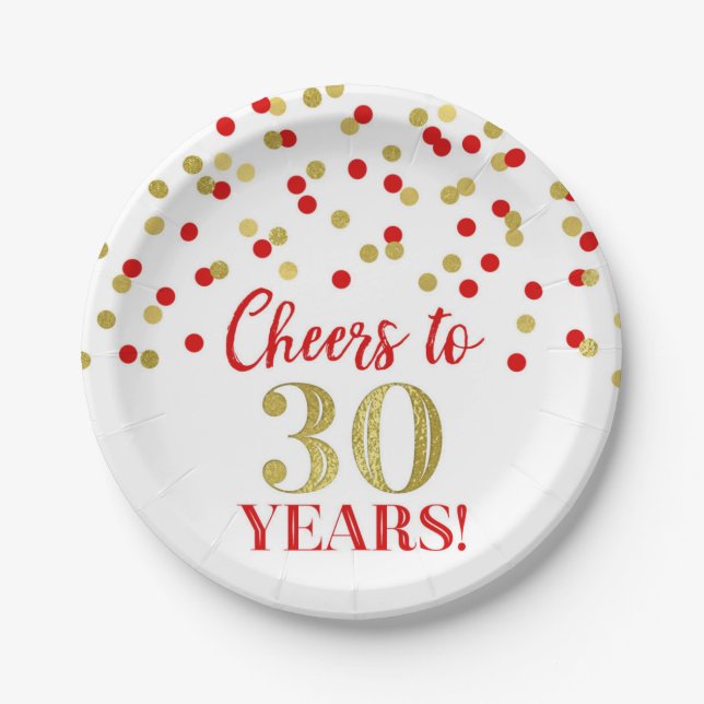 Red Gold Confetti Cheers to 30 Years Birthday Paper Plates (Front)