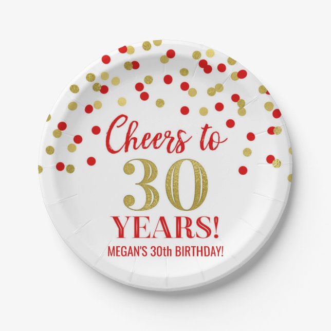 Red Gold Confetti Cheers to 30 Years Birthday Paper Plates (Front)