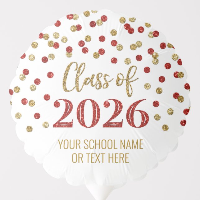 Red Gold Confetti Class of 2026 Graduation Balloon (Front)