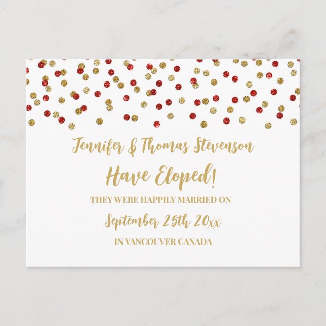Red Gold Confetti Elopement Announcement Postcard (Front)