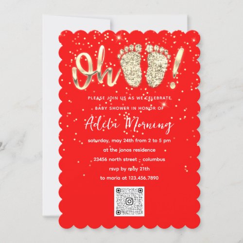 Red Gold Confetti Feet Baby Boy Girl QR CODE  Invitation