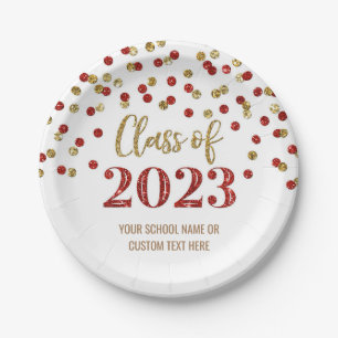 Red Gold Confetti Graduation 2023 Paper Plates