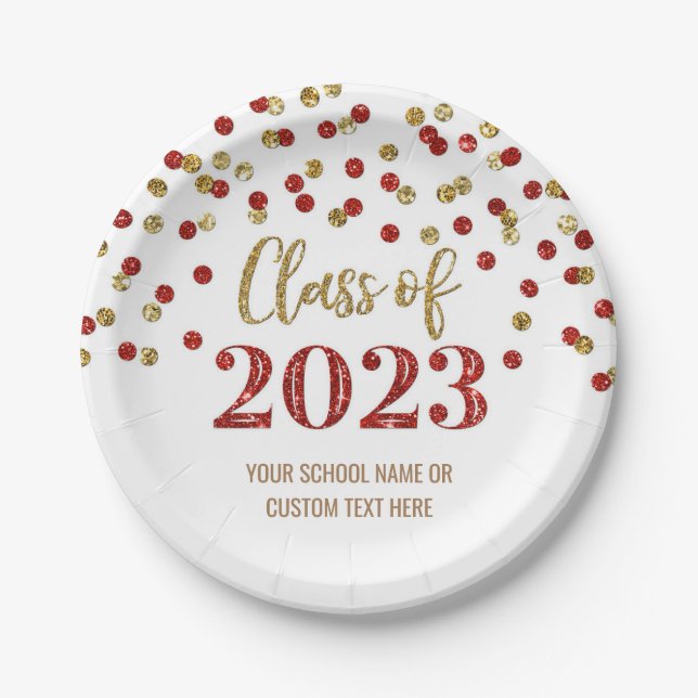 Red Gold Confetti Graduation 2023 Paper Plates (Front)
