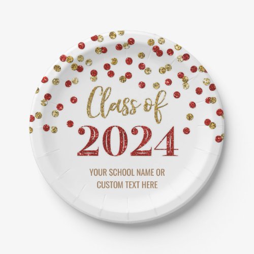 Red Gold Confetti Graduation 2024 Paper Plates