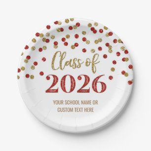 Red Gold Confetti Graduation 2026 Paper Plates
