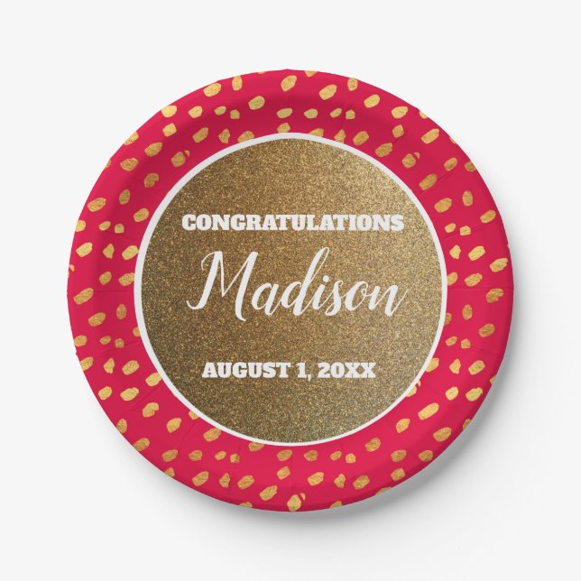 Red Gold Confetti Graduation College Trunk Party Paper Plates (Front)