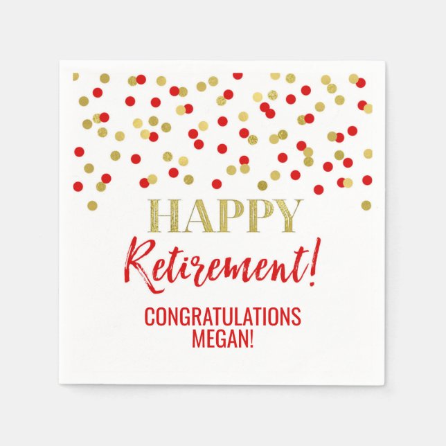 Red Gold Confetti Happy Retirement Napkins (Front)