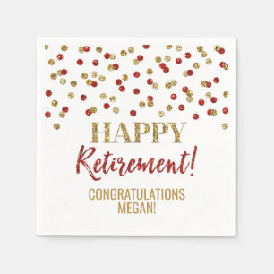 Red Gold Confetti Happy Retirement Napkins