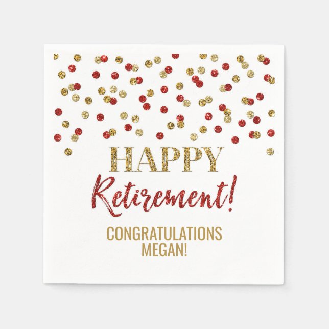 Red Gold Confetti Happy Retirement Napkins (Front)