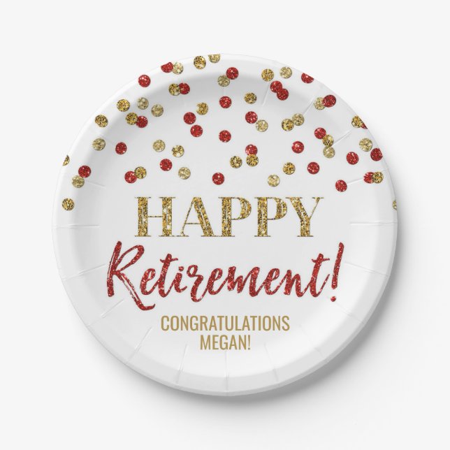 Red Gold Confetti Happy Retirement Paper Plates (Front)