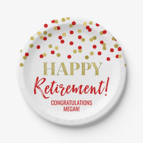 Red Gold Confetti Happy Retirement Paper Plates