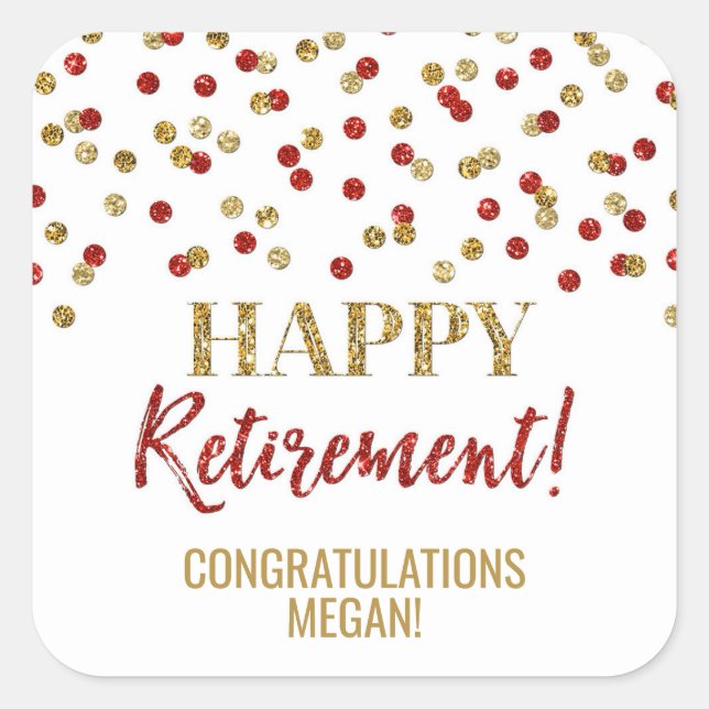 Red Gold Confetti Happy Retirement Square Sticker (Front)