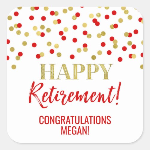 Red Gold Confetti Happy Retirement Square Sticker