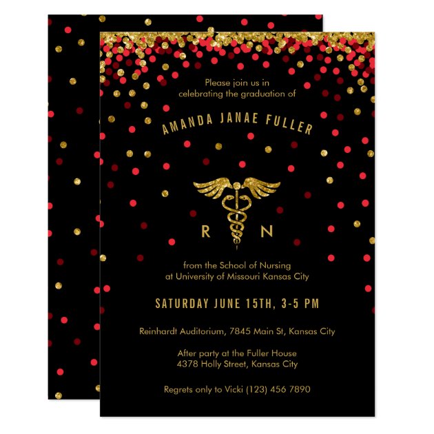 Red & Gold Confetti Nursing Graduation Invitation