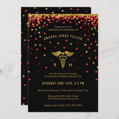 Red  Gold Confetti Nursing Graduation Invitation