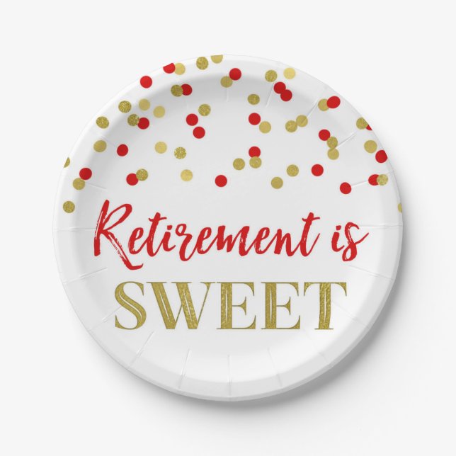 Red Gold Confetti Retirement is Sweet Paper Plates (Front)