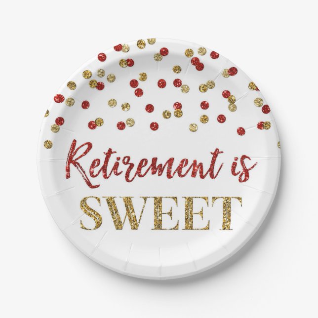 Red Gold Confetti Retirement is Sweet Paper Plates (Front)