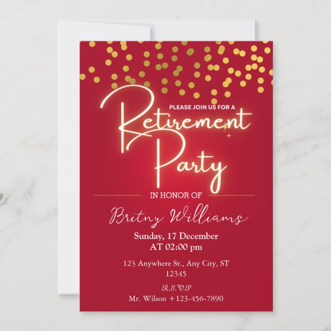 Red Gold Confetti Retirement Party Invitations (Front)