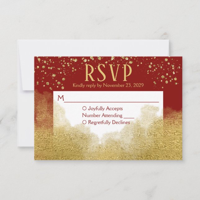 Red Gold Confetti RSVP Wedding Response (Front)