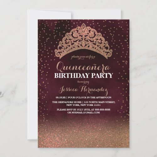 Red Gold Confetti Tiara Crown Glitter Quinceaera Invitation