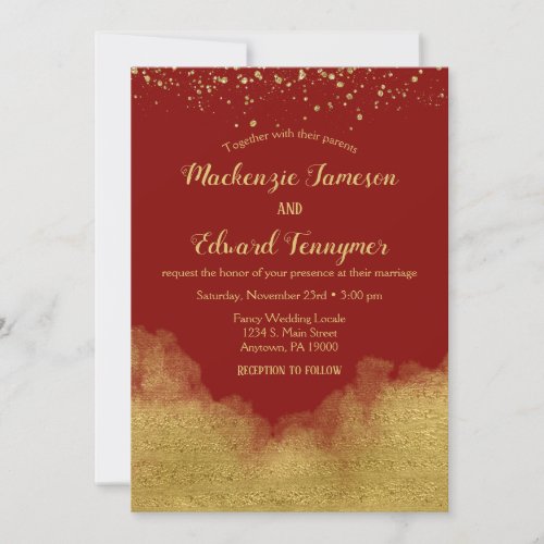 Red Gold Confetti Wedding Invitation Elegant