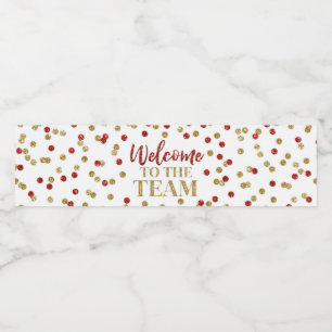 Red Gold Confetti Welcome to the Team Water Bottle Label