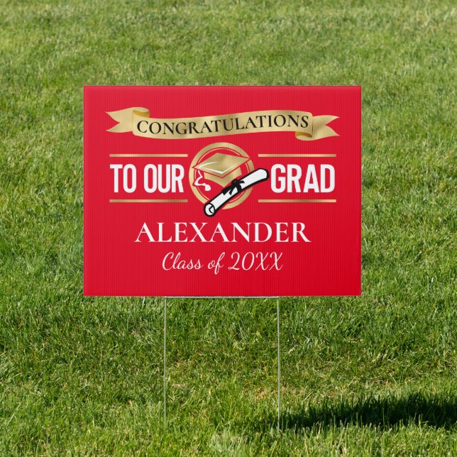 Red Gold Congratulations To Our Grad Graduation Sign (Insitu)