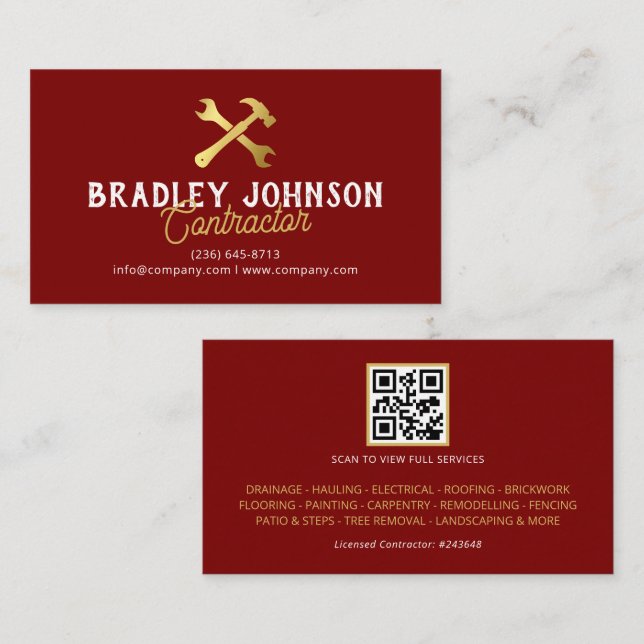 Red Gold Construction Building QR Code Business Card (Front/Back)