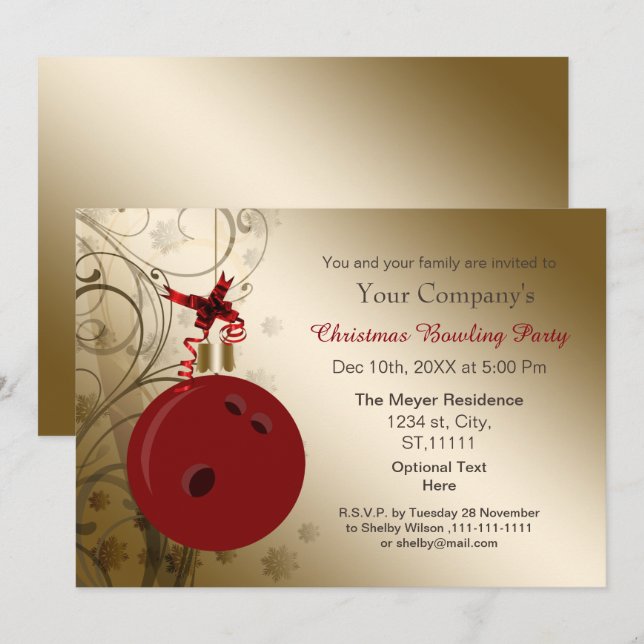 red gold Corporate holiday Bowling party Invite (Front/Back)