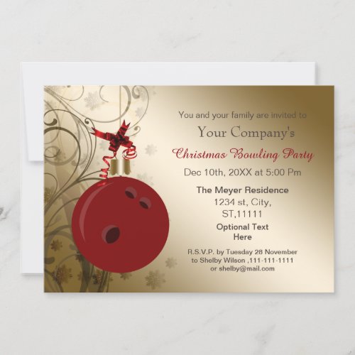 red gold Corporate holiday Bowling party Invite