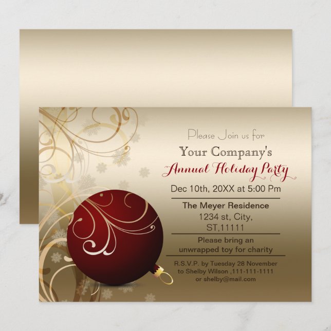 red gold Corporate holiday party Invitation (Front/Back)
