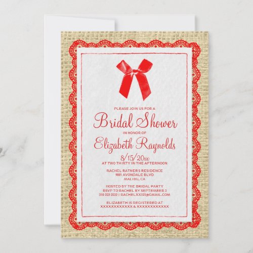 Red Gold Country Burlap Bridal Shower Invitations