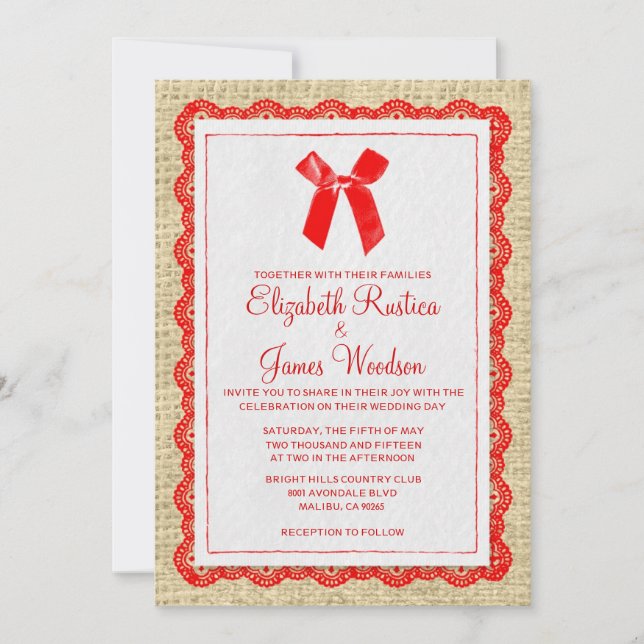 Red & Gold Country Burlap Wedding Invitations (Front)