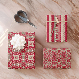 Red Gold Cream Quilt and Stripes Farmhouse Chic Wrapping Paper Sheets