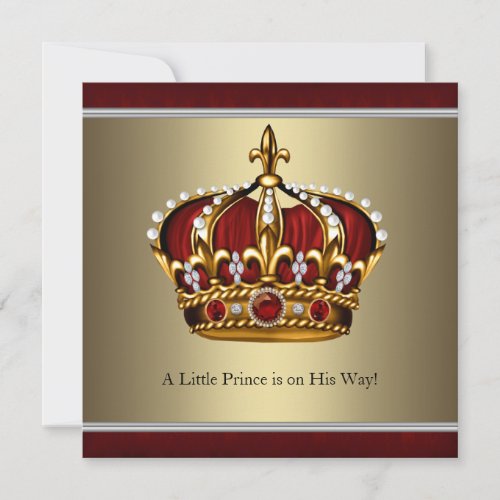 Red Gold Crown Little Prince Boy Baby Shower Invitation