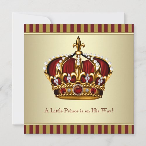 Red Gold Crown Little Prince Boy Baby Shower Invitation