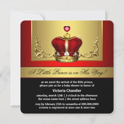 Red Gold Crown Prince Baby Shower Invitation