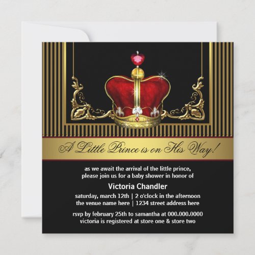 Red Gold Crown Prince Baby Shower Invitations