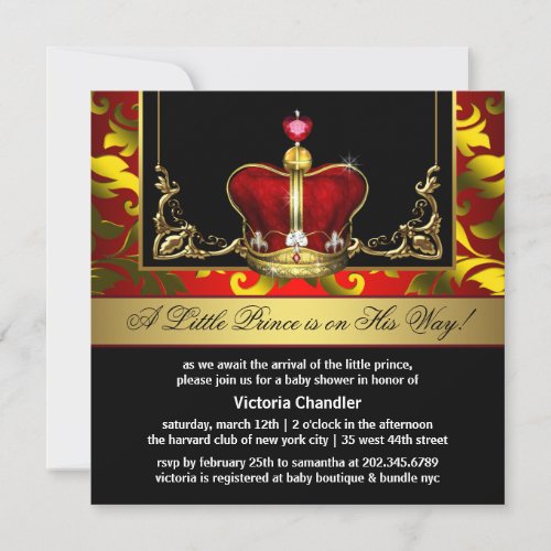 Red Gold Crown Prince Baby Shower Invitations