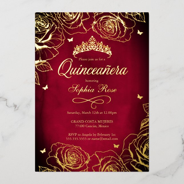 Red Gold Crown Roses Theme Quinceanera  Foil Invitation (Front)