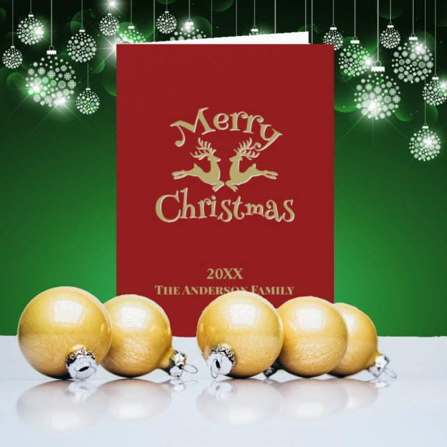 Red Gold Custom Photo Merry Christmas Reindeer Holiday Card (Creator Uploaded)