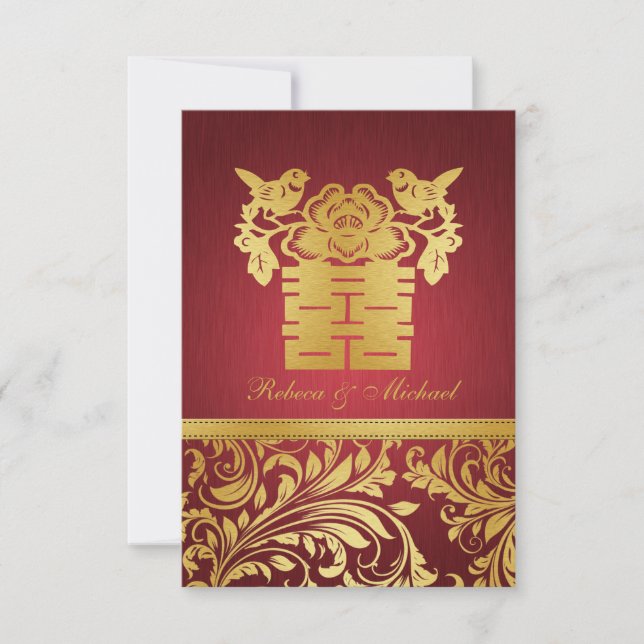 Red & Gold Damask, Chinese Double Happiness RSVP Card (Front)