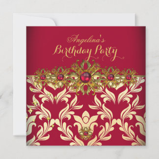 Red Gold Damask Elegant Birthday Party Invitation
