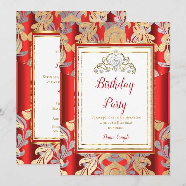 RED Gold Damask Gray Tiara Birthday Party Invitation (Front/Back)
